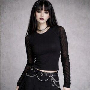 Forever 21 Black Sheer Mesh Long Sleeve Top Edgy Goth Y2K Size L Alt Clubwear